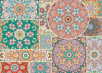 Vector patchwork quilt pattern. Vintage decorative collage. Hand drawn background. Indian, Arabic, Turkish motifs for printing on fabric or paper. Abstract colorful doodle pattern in mosaic style