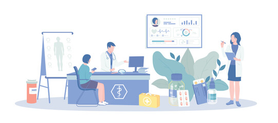 Fototapeta na wymiar Health Center Medical Clinic. Patient visits medical office. Ambulance, emergency, laboratory, medicine service, healthy lifestyle. Vector illustration with character situation for web.