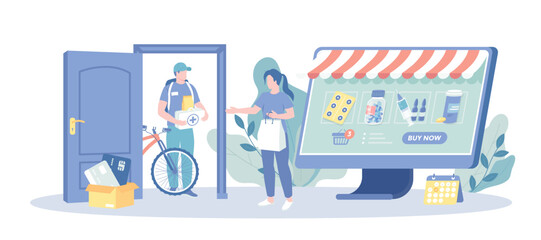 Online Pharmacy. Woman buying medicaments, medical supplies, pills and drugs via computer with home delivery. Vector illustration with character situation for web.