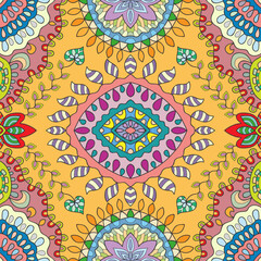 Hand drawn seamless graphic pattern, colorful artistic background with floral and geometric elements. Doodle ethnic mandala ornament for textile fabric, paper print. Surface texture 