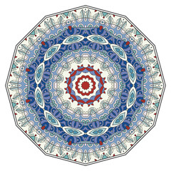 Mandala flower decoration, hand drawn round ornament, isolated design element on a white background. Vector geometric floral pattern. Tribal ethnic fashion motif for paper, textile, cloth fabric print