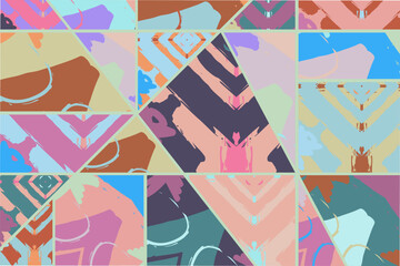Abstract collage asymmetric pattern. Digital freehand art, grunge texture. Vector patchwork quilt background. Decorative elements, brush strokes ornament for flyer, poster, cover, textile fabric print