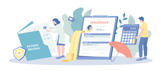 Health Insurance. Healthcare and medical service expenses reimbursement. Insurance policy on clipboard. Filling medical form, health plan. Vector illustration with character situation for web.