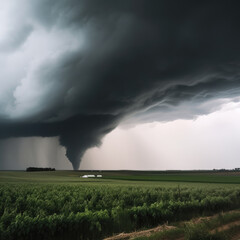 Fototapeta na wymiar Destructive tornado vortex at open landscape with cloudy sky