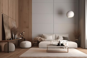 White minimalist living room interior with sofa on a wooden floor, decor on a large wall, white landscape in window. Home Nordic interior | Scandinavian interior poster mock up,Generative AI