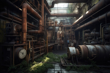 Rusted factory, with pipes, gears, and machinery created with AI