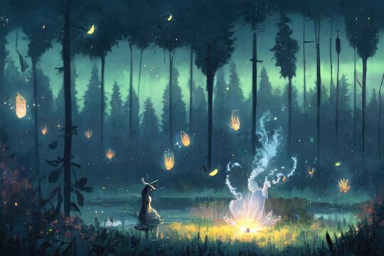 Finnish Folklore Midsummer Celebration: A Vibrant Illustration of Festive Traditions and Mythical Creatures