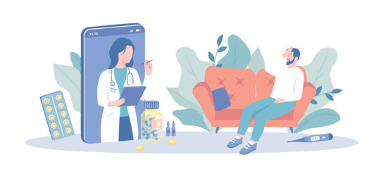 Online Doctor. Medical consultation service. Doctor providing medical services via the Internet. Diagnosis and treatment online. Vector illustration with character situation for web.