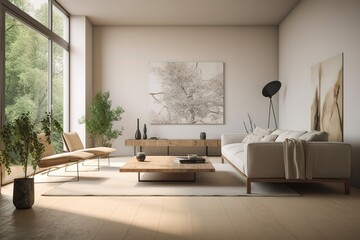 Obraz na płótnie Canvas White minimalist living room interior with sofa on a wooden floor, decor on a large wall, white landscape in window. Home Nordic interior | Scandinavian interior poster mock up,Generative AI