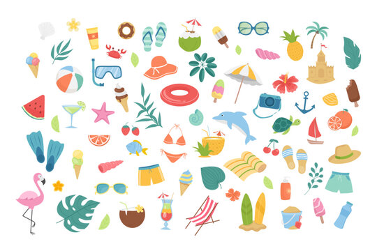 Hello summer. Summer set graphic elements in flat design. Bundle of swimsuit, hat, sun lounger, flamingo, dolphin, cocktails, palm leaves, shells and other. Vector illustration stickers. 