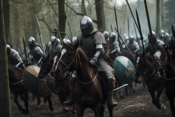 Knight in full armor charging towards a group of enemy soldiers on horseback created with AI