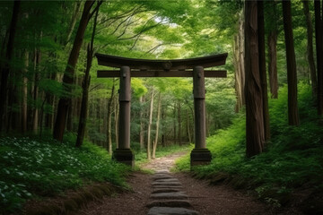 Wooden arche of Torii at green forest and straight pathway forward
