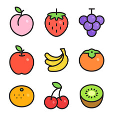 Various fruits color icon set with black lines. Vector illustration of delicious fruits such as peaches, strawberries, grapes, apples, bananas, cherries, etc.
