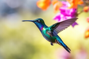 Fototapeta na wymiar Hummingbird at flight with colorful iridescent plumage and blurred blossoms on background