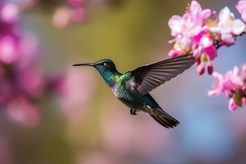 Fototapeta premium Hummingbird at flight with colorful iridescent plumage and blurred blossoms on background