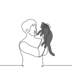 woman cuddles deceased person photo - one line vector drawing. concept grief from the loss of a loved one