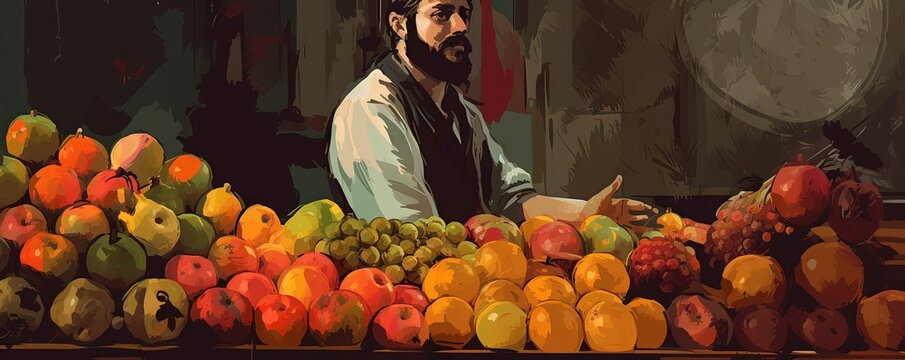 Harvest Vendor  AI Generated Fruit   Veggie Painting, Generative AI