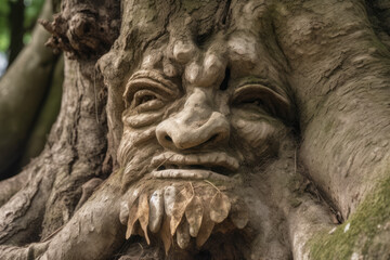 Fototapeta na wymiar Face detail of ancient tree creature with roots and leaves growing from head
