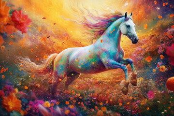 Magical unicorn galloping through a field of colorful flowers created with AI