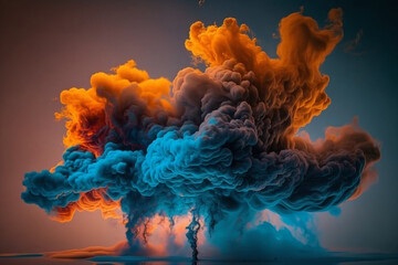 Blue and Orange Smoke Clouds on Black Background generative ai