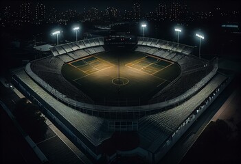 A cricket field at night with illuminated stadium lights. Generative AI