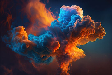Blue and Orange Smoke Clouds on Black Background generative ai