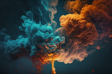 Blue and Orange Smoke Clouds on Black Background generative ai