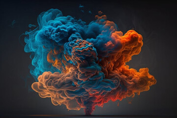 Blue and Orange Smoke Clouds on Black Background generative ai