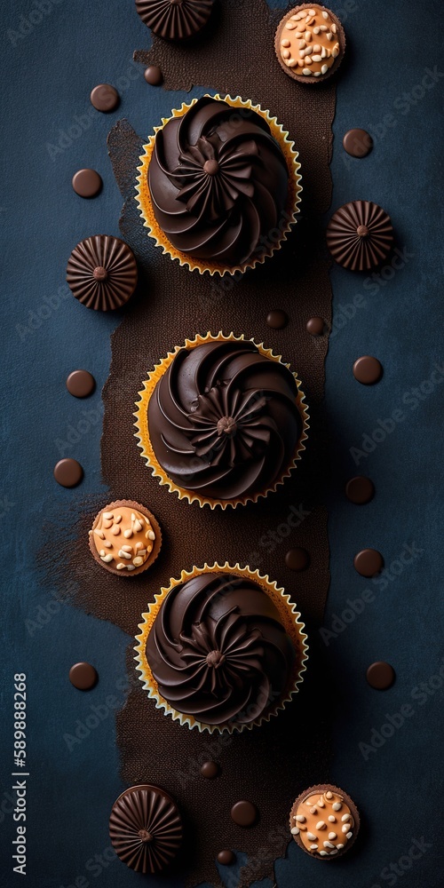 Poster chocolate cupcakes in a top-down arrangement with room for text generative ai