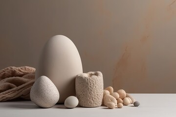 white egg among a group of brown eggs on a wooden table. Generative AI