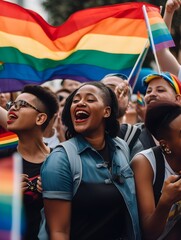 Friends at a PRIDE parade in front of a rainbow flag, a symbol of LGBT pride and acceptance, AI-generated