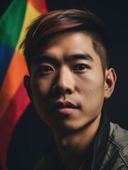 Portrait of Asian person standing confidently in front of a rainbow flag, a symbol of LGBT pride and acceptance, AI-generated