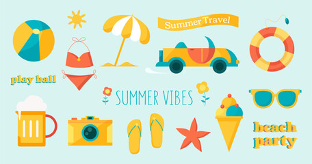 Fototapeta premium Vector collection of summer objects in a flat style, cute summer stickers, seasonal illustrations.