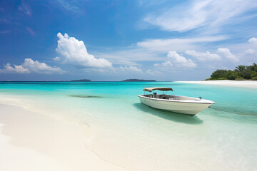 Fototapeta na wymiar view of Beautiful beach on the Maldives' exotic island, generative AI