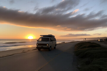 Fototapeta na wymiar Summer trip along the ocean coast in a classic minivan. Generative ai.