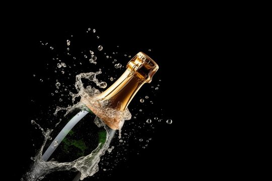Bottle of champagne with splashes on a black background. Generative ai.