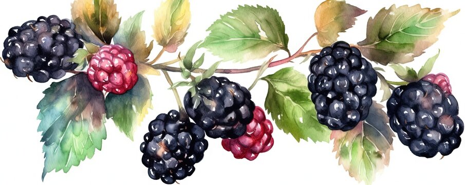 Whimsical Watercolor Blackberry Collection on White Background, Generative AI