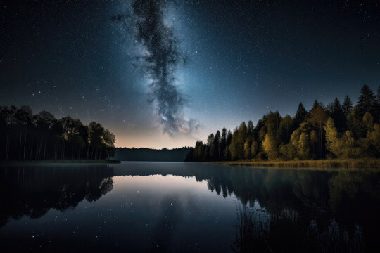 Lake surrounded by a forest under a starry night sky created with AI © thejokercze