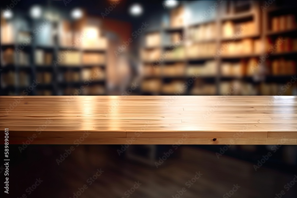 Aufkleber wooden table in front of a bookshelf. generative ai
