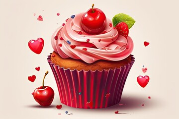 delicious pink-frosted cupcake with a cherry on top. Generative AI