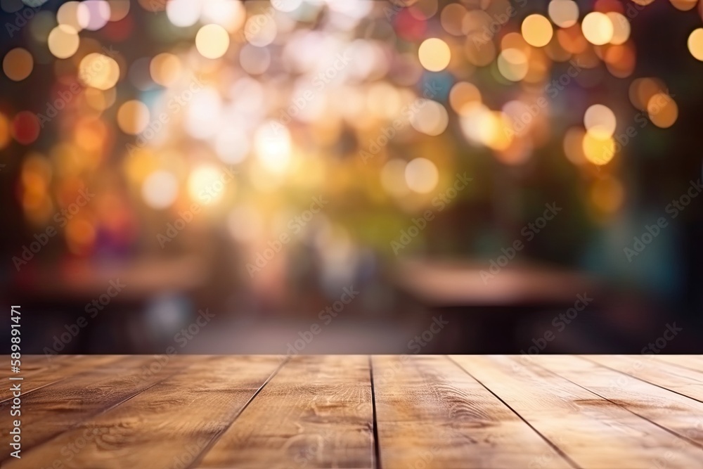 Poster wooden table top with bokeh lights in the background. generative ai