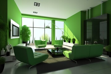 Panorama living room interior with green wall.3d rendering, Generative AI