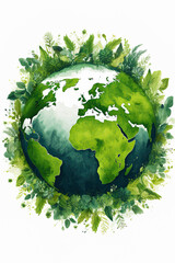 Earth Day. Green planet earth covered in green vegetation. Generative Ai illustration