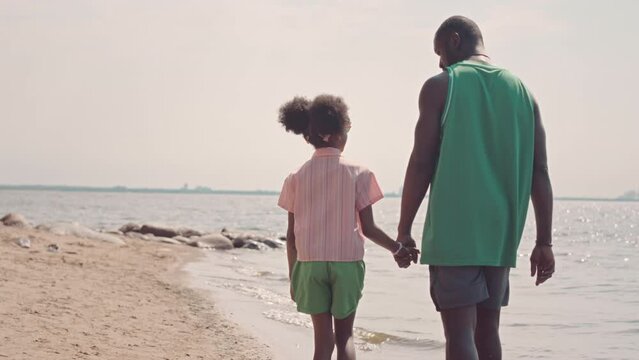 Medium back view slowmo of African American man and his little daughter walking along sandy beach at sunset holding hands