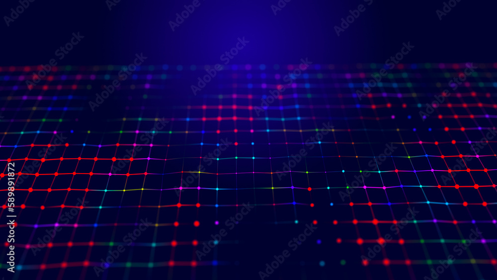 Poster digital background with musical glowing particles. big data visualization. 3d rendering.