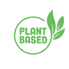 Plant based logo. Circular shape base with plant leaf. Vegan and vegetarian friendly badge.