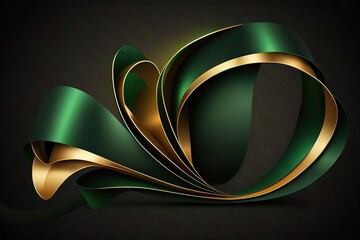 Gold curved green ribbon on dark green BG, generative AI
