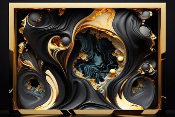 3D black with gold liquid BG, fluid splash, generative Ai