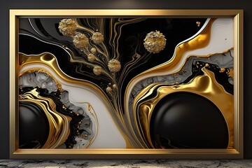 3D black with gold liquid BG, fluid splash, generative Ai