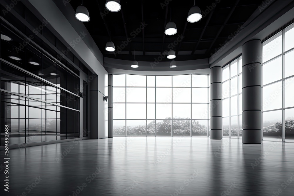 Poster an empty and spacious room with abundant natural light from multiple windows. generative ai